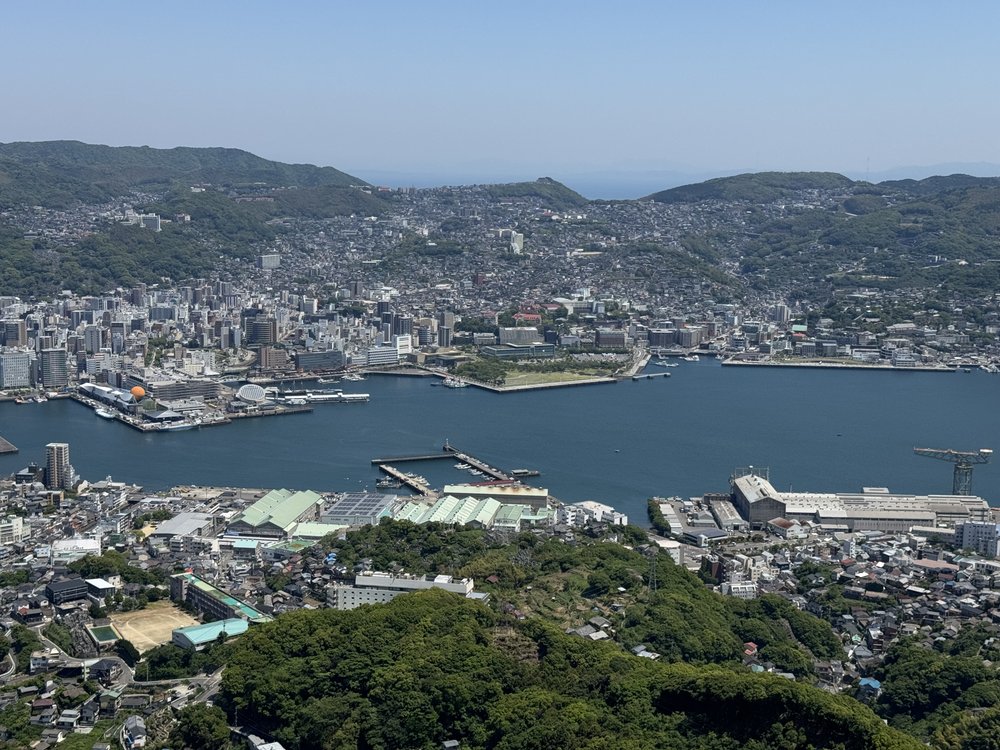 The port area of Nagasaki, with the Seaside Park near the centre.