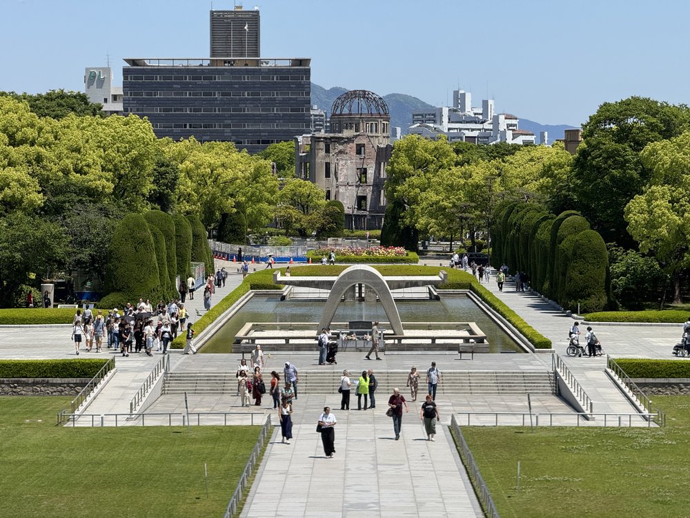 The peace garden as seen from the museum with the dome in the background.